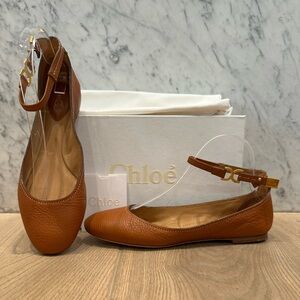 Chloe Tan Leather Ballet Flats with Ankle Strap
